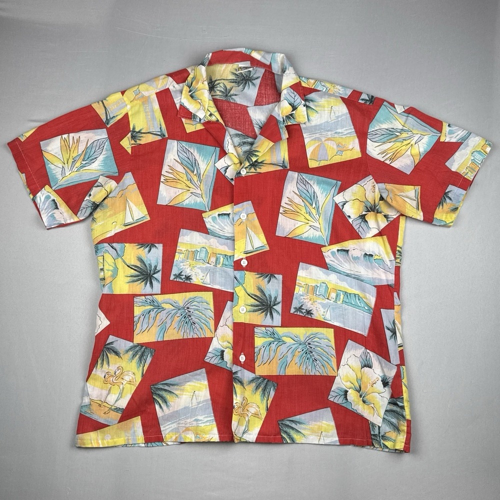 Vintage Oceanaire Hawaiian Shirt Mens Medium Floral Tropical Made in USA Red M